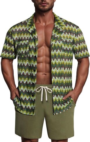 Mens 2 Pieces Outfits Summer Beach Set Tracksuit See Through Sheer Hollow Out Short Sleeve Lace Shirts and Shorts Sets in Kuwait