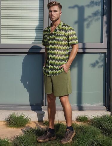 Mens 2 Pieces Outfits Summer Beach Set Tracksuit See Through Sheer Hollow Out Short Sleeve Lace Shirts and Shorts Sets in Kuwait