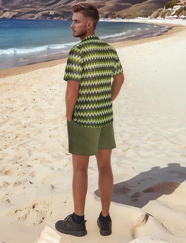 Mens 2 Pieces Outfits Summer Beach Set Tracksuit See Through Sheer Hollow Out Short Sleeve Lace Shirts and Shorts Sets in Kuwait