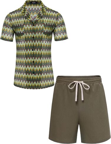 Mens 2 Pieces Outfits Summer Beach Set Tracksuit See Through Sheer Hollow Out Short Sleeve Lace Shirts and Shorts Sets in Kuwait