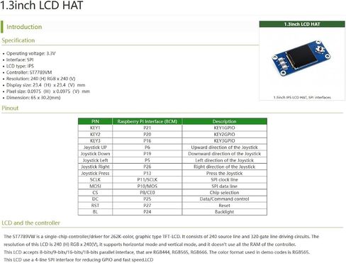 1.3 بوصة IPS شاشة LCD قبعة متوافقة مع Raspberry PI 5/4B/3B+/3B // A+/Zero W/Wh/Zero 2 W/Pico/Pico 2W ، إلخ. 240 × 240 بكسل ، واجهة SPI ، مع وحدة تحكم مضمنة in Saudi Arabia