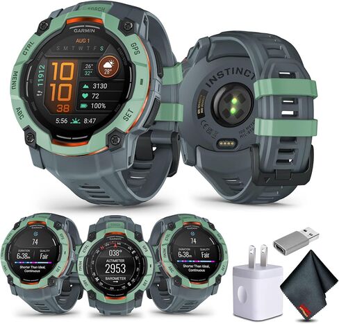 Garmin Instinct 3 50mm, Solar Charged Display, Rugged Outdoor GPS Smartwatch, Unlimited Battery Life, Built-in Flashlight, Charcoal (010-02935-00) Tactical Smart Watch Bundle for Men and Women in Kuwait