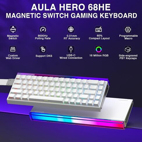 AULA Hero 68 HE 60% Gaming Keyboard Wired, Hall Effect Magnetic Switch Keyboard with Adjustable Actuation, Fast Trigger Mode, 8K Hz Polling Rate, 0.125ms Latency,Side Printed PBT Keycaps, RGB Backlit in Kuwait