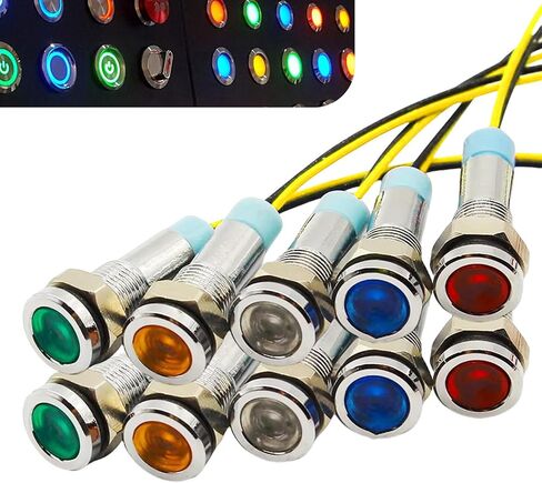 10pcs 6mm 1/4" LED Metal Indicator Light, AC/DC 9-24V Pilot Dash Directional with Wire Signal Lamp, Waterproof Pilot Dash Directional (Multicolor) in Saudi Arabia
