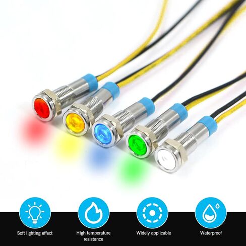 10pcs 6mm 1/4" LED Metal Indicator Light, AC/DC 9-24V Pilot Dash Directional with Wire Signal Lamp, Waterproof Pilot Dash Directional (Multicolor) in Saudi Arabia