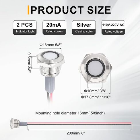 PATIKIL 2Pcs 16mm(5/8") Indicator Light,110V-220V AC 20mA LED Metal Signal Lamp Waterproof IP67 Flat Head Signal Lights with 205mm(8") Cable for Boat Car,White in Kuwait