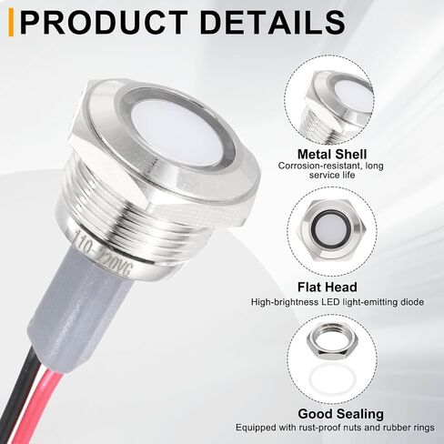 PATIKIL 2Pcs 16mm(5/8") Indicator Light,110V-220V AC 20mA LED Metal Signal Lamp Waterproof IP67 Flat Head Signal Lights with 205mm(8") Cable for Boat Car,White in Kuwait