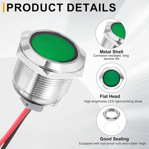 PATIKIL 2Pcs 16mm(5/8") Indicator Light,110V-220V AC 20mA LED Metal Signal Lamp Waterproof IP67 Flat Head Signal Lights with 205mm(8") Cable for Boat Car,White in Kuwait