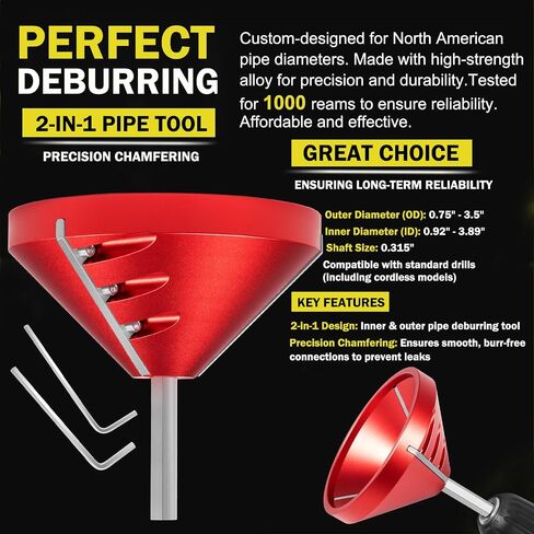 2 in 1 Inner-Outer PVC Deburring Tool, Chamfer Reamer Inner-Outer Pipe Beveler for 0.75" to 3.5" OD & 0.92" to 3.89" ID PVC, CPVC, ABS, PP, PE Pipes – 3 Sharp Blades, Fits Standard Drills in Saudi Arabia