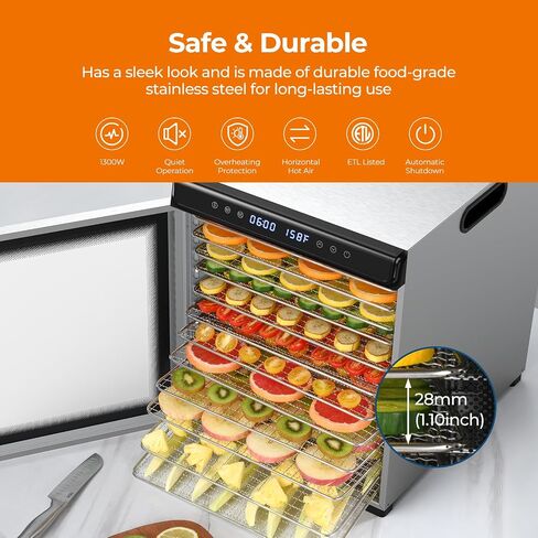 YASHE Food Dehydrator Machine 10 Stainless Steel Trays, 10 Presets Food Dryer with 48H Timer and Temp Control, 850W Dehydrators for Food and Jerky, Herbs, Meat, Fruit, Dog Treats, Recipes Included in Saudi Arabia