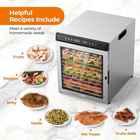YASHE Food Dehydrator Machine 10 Stainless Steel Trays, 10 Presets Food Dryer with 48H Timer and Temp Control, 850W Dehydrators for Food and Jerky, Herbs, Meat, Fruit, Dog Treats, Recipes Included in Saudi Arabia
