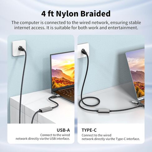2in1 USB-C/USB 3.0 to Ethernet Adapter 10FT, Type C to RJ45 Network Cord, 1000Mbps Gigabit Directly Connected, Ethernet Cable Type C Compatible for MacBook Pro,iPad Pro,Smartphone,Laptop,PC in Kuwait