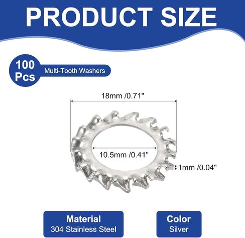 PATIKIL M10 غسالات قفل الأسنان الخارجية ، 100pcs 304 من الفولاذ المقاوم للصدأ قفل غسالات مجموعة تشكيلة لمكانة المعدات الميكانيكية المحتفظ بها مقاطع ، فضية in Kuwait