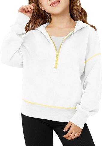Girls Half Zip Hoodies Kids Fashion Long Sleeve Drop Shoulder Hooded Sweatshirt Pullover 5-14 Years in Saudi Arabia