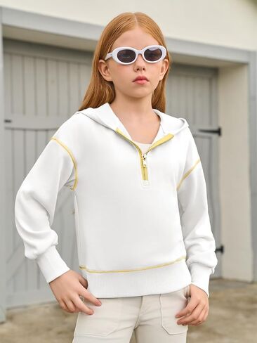 Girls Half Zip Hoodies Kids Fashion Long Sleeve Drop Shoulder Hooded Sweatshirt Pullover 5-14 Years in Saudi Arabia