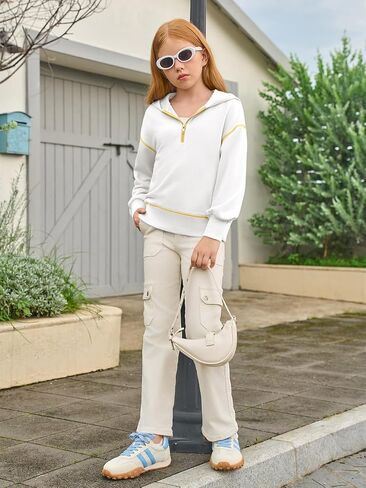 Girls Half Zip Hoodies Kids Fashion Long Sleeve Drop Shoulder Hooded Sweatshirt Pullover 5-14 Years in Saudi Arabia