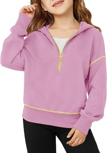 Girls Half Zip Hoodies Kids Fashion Long Sleeve Drop Shoulder Hooded Sweatshirt Pullover 5-14 Years in Saudi Arabia