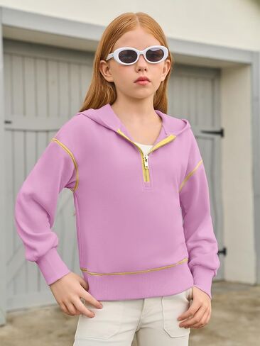 Girls Half Zip Hoodies Kids Fashion Long Sleeve Drop Shoulder Hooded Sweatshirt Pullover 5-14 Years in Saudi Arabia