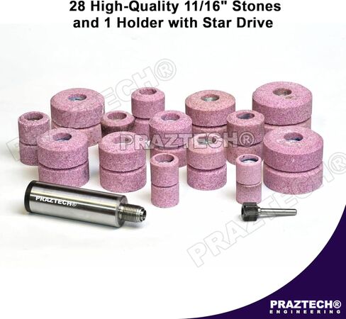 PRAZTECH® Premium Quality 11/16" Thread Sioux Valve Seat Grinding Stones Set | Pink Panther Aluminium Oxide Vitrified Bonded Emery | DIY Tool (28 Pcs Stones + Holder Drive Ball) in Saudi Arabia