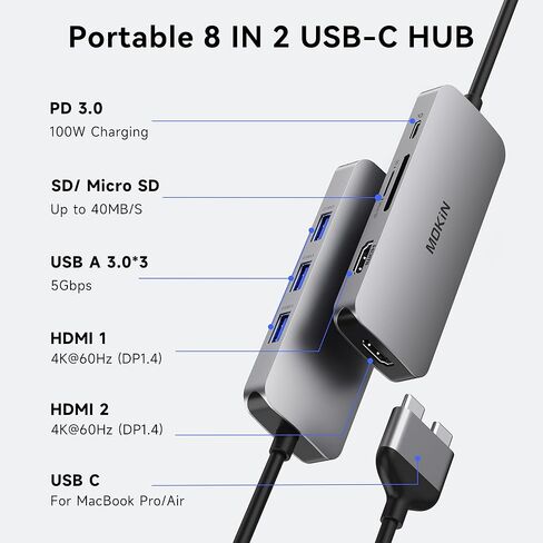 محطة الإرساء لـ MacBook Pro Air و USB C Docking Station Dual Monitor و Dual HDMI Adapter Hub لـ Macbook Pro مع 2 HDMI (4K @60Hz) و 3 USB3.0 و SD TF Card Reader و 100W PD USB C PORT in Saudi Arabia
