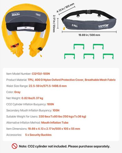 VEVOR Manual Inflatable Belt Pack for Adults, 105N Buoyancy, Over 80 Pounds and Up to 59 in Waist Adjustable, Inflatable PFD Waist for SUP Paddelboarding, Kayaking (CO2 Cylinder Not Included) in Saudi Arabia
