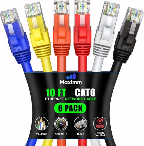 Maximm Cat 6 Ethernet Cable 6 FT (6 pack) - كابل LAN عالي السرعة وكابلات الإنترنت وكابل التصحيح وكابل الشبكة - UTP ، 10 جيجابت في الثانية ، سلك إيثرنت 550 ميجا هرتز - متعدد الألوان in Saudi Arabia