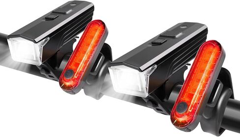KunHe(1 Pack&2Packs) 300 Lumens 1600 Amh Bike Light Set Rechargeable Front & Rear Bicycle Lights with Auto Dimming IPX4 Waterproof 5 Modes for Night Cycling in Saudi Arabia