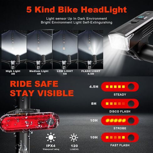 KunHe(1 Pack&2Packs) 300 Lumens 1600 Amh Bike Light Set Rechargeable Front & Rear Bicycle Lights with Auto Dimming IPX4 Waterproof 5 Modes for Night Cycling in Saudi Arabia
