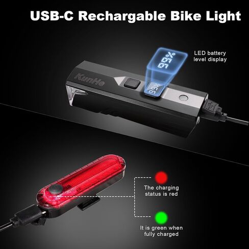 KunHe(1 Pack&2Packs) 300 Lumens 1600 Amh Bike Light Set Rechargeable Front & Rear Bicycle Lights with Auto Dimming IPX4 Waterproof 5 Modes for Night Cycling in Saudi Arabia