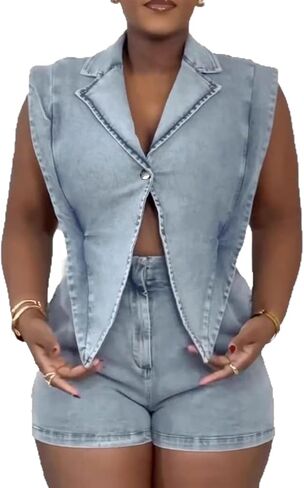 Mandonce Denim Jumpsuit For Women Cap Sleeve V Neck Button Down Crop Split Elastic High Waist Jeans Shorts For Women Romper in Kuwait
