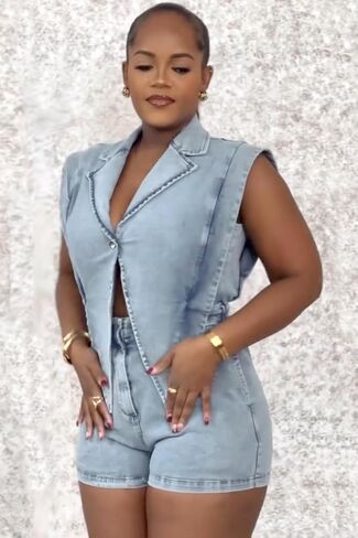 Mandonce Denim Jumpsuit For Women Cap Sleeve V Neck Button Down Crop Split Elastic High Waist Jeans Shorts For Women Romper in Kuwait