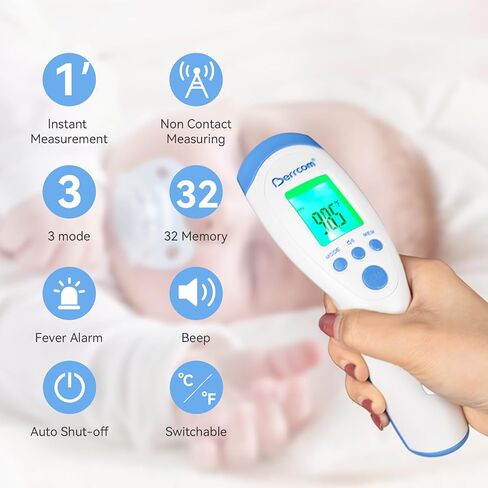 مقياس حرارة الجبهة غير التلامس BERRCOM الرقمية 3 في 1 مقياس حرارة الأشعة تحت الحمراء بدون ملامسة للأطفال كائنات البالغين ومساحة وظيفة قياس وقت القياس الفوري in Kuwait