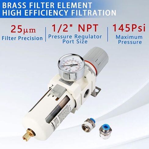 WeiTeng 1/2" NPT Compressed Air Filter Regulator Combo, 5 Micron Brass Filter, Semi-Auto Drain, Polycarbonate Bowl ，0-150 PSI Gauge,for Industrial Pneumatic Systems & Air Compressors in Kuwait