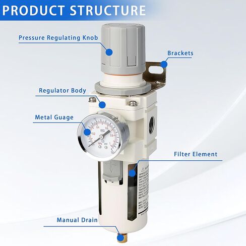 WeiTeng 1/2" NPT Compressed Air Filter Regulator Combo, 5 Micron Brass Filter, Semi-Auto Drain, Polycarbonate Bowl ，0-150 PSI Gauge,for Industrial Pneumatic Systems & Air Compressors in Kuwait