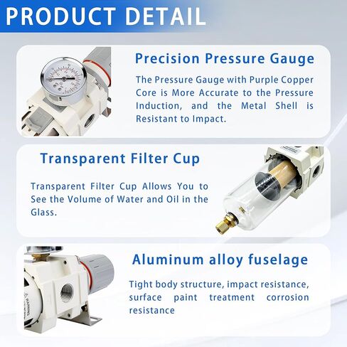 WeiTeng 1/2" NPT Compressed Air Filter Regulator Combo, 5 Micron Brass Filter, Semi-Auto Drain, Polycarbonate Bowl ，0-150 PSI Gauge,for Industrial Pneumatic Systems & Air Compressors in Kuwait