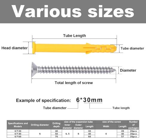 Drywall Anchors Kit 60 pcs 304 Stainless Steel Philips Flat Head Screws and 60 pcs Plastic Anchors for Concrete, Drywall, Brick, and Heavy Hanging Mounting, 3 Size M6 x 30mm/ 40mm/ 60mm in Kuwait