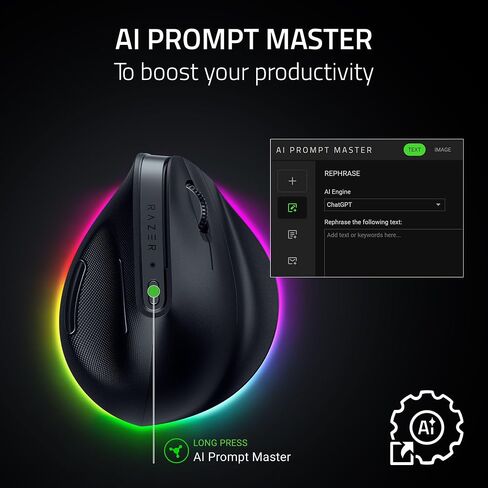 Razer Pro Click V2 Wireless Mouse: Right-Handed Ergonomic Design with Thumb Rest - AI Prompt - Long Battery Life - Multi Device Connectivity via 2.4GHz, Bluetooth, or USB C Wired Mode - Chroma RGB in Saudi Arabia