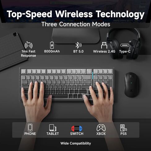 MCHOSE UT98 Wireless Mechanical Keyboard Compact Gaming Keyboard with Knob Tri-Mode Connection Hot Swappable Custom Creamy Keyboard Gasket Structure Pre-lubed Linear Switches RGB Classic ICY in Saudi Arabia