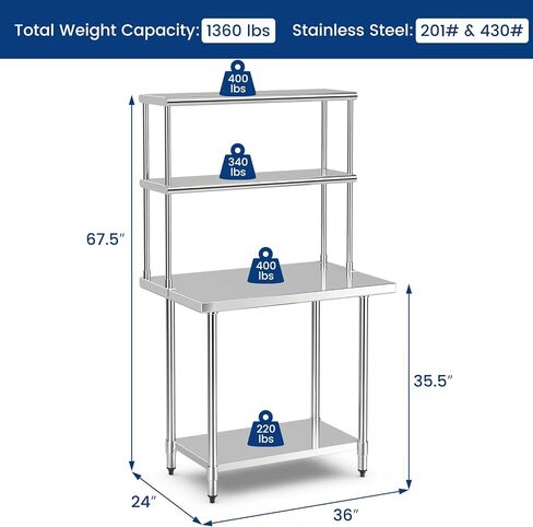 Giantex 36 x 24 Inches Stainless Steel Work Table with Overshelf, Heavy Duty Metal Prep Table with Adjustable Lower & Under Shelves, Workstation for Commercial Kitchen Restaurant Garage Warehouse in Saudi Arabia