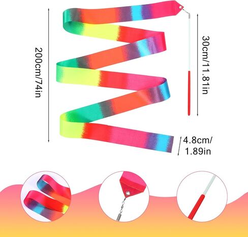 Bremorou 4pcs شرائط الرقص للأطفال ، شريط جمباز الإيقاعي مع قضيب ، شرائط قوس قزح ناعمة دوارة رقص ، تدور عصا العصا للفتيات البالغين ، 78.74 بوصة in Kuwait