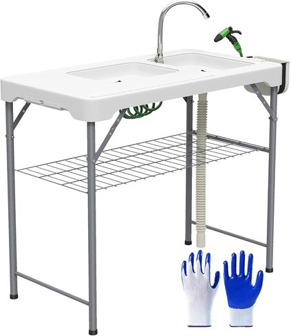 Outsunny Folding Fish Cleaning Table with Sinks, Portable Camping Sink Table with Faucet, Drainage Hose, Sprayer, Shelf, Drawer and Storage Basket, Outdoor Fillet Table for Picnic Beach Patio, Tan in Saudi Arabia