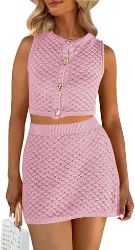 Fisoew Womens Crochet Swimsuit Cover Ups 2 Piece Sleeveless Button Down Crop Tops Mini Skirt Sets Beach Vacation Outfits in Saudi Arabia