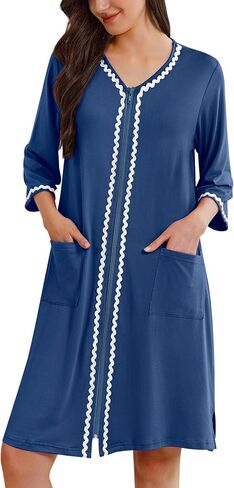 أردية ekouaer Zipper للنساء 3/4 أكمام خفيفة الوزن معطف المنزل Zip Up Bathrobe Lightgown مع جيوب (زرقاء شاحبة ، متوسطة) in Kuwait
