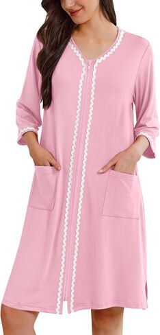 أردية ekouaer Zipper للنساء 3/4 أكمام خفيفة الوزن معطف المنزل Zip Up Bathrobe Lightgown مع جيوب (زرقاء شاحبة ، متوسطة) in Kuwait