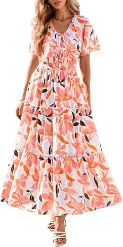 Kirundo Womens Summer Boho Floral Maxi Dress Flutter Short Short in Saudi Arabia