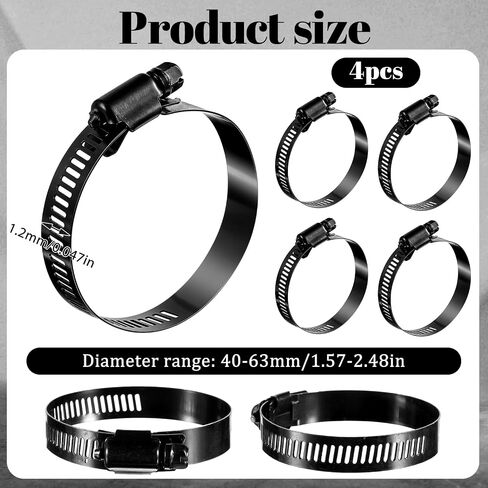 Black Hose Clamp, 4 Pcs 2.5 Inch Hose Clamps Stainless Steel Worm Gear Hoses Clamp Adjustable 40-63mm Size Range Fuel Line Clamps for Plumbing Automotive and Mechanical Application in Saudi Arabia