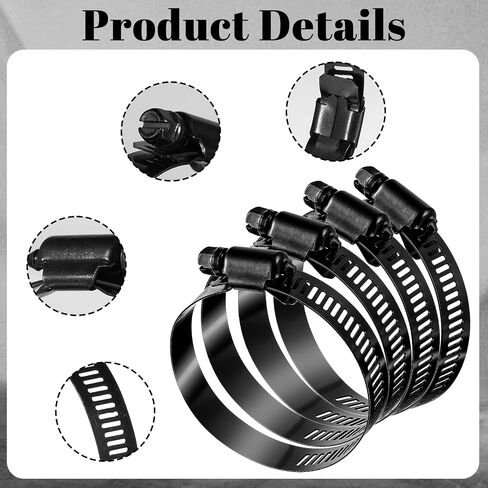 Black Hose Clamp, 4 Pcs 2.5 Inch Hose Clamps Stainless Steel Worm Gear Hoses Clamp Adjustable 40-63mm Size Range Fuel Line Clamps for Plumbing Automotive and Mechanical Application in Saudi Arabia