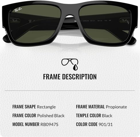 Ray-Ban RB0947S CARLOS RESTANGLE شكل نظارة شمسية مع حزمة مجموعة النظارات الرسمية in Saudi Arabia