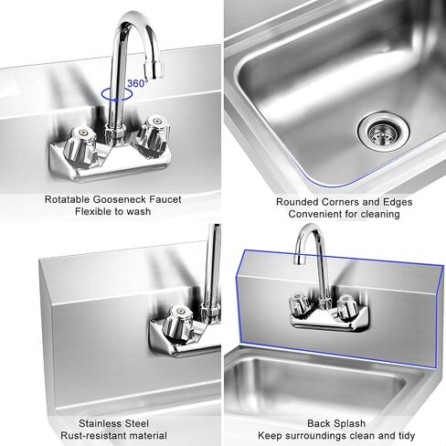 Giantex Stainless Steel Hand Sink with Faucet, Side Splash, Two Temperature Water Inlet, 17" x 15" Commercial Sink for Restaurant, Kitchen, Wall Mount in Saudi Arabia