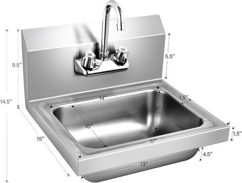 Giantex Stainless Steel Hand Sink with Faucet, Side Splash, Two Temperature Water Inlet, 17" x 15" Commercial Sink for Restaurant, Kitchen, Wall Mount in Saudi Arabia